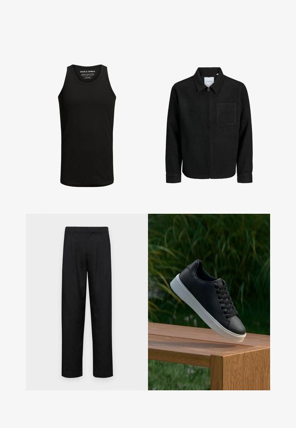 Fekete, zipzáros dzseki gallérral és egyetlen mellzsebbel, fehér háttéren.; Fekete ujjatlan póló, pamut keverék anyagból készült, klasszikus kerek nyakkivágással. Egyszerű, minta nélküli textúra.; Fekete nadrág sima anyagból, egyenes szárú fazonnal, két elülső redővel és közönséges derékkal, övhurkokkal.; Fekete bőr sportcipő sima textúrával, fehér gumitalppal és hat lukkal a fűzőknek, amely egy fa felületen van bemutatva.