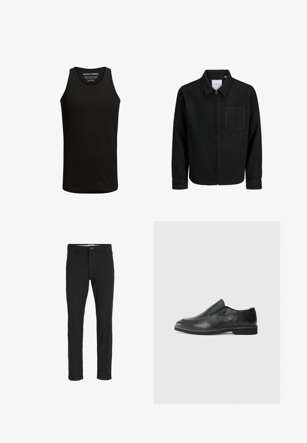 Zwarte zip-up jas met kraag en enkele borstzak, weergegeven op een witte achtergrond.; Zwarte tanktop gemaakt van een katoenmix stof, met een klassieke ronde hals en zonder mouwen. Eenvoudige textuur zonder patronen of accenten.; Zwarte katoenen broek van een katoenmix met een slim fit, voorzien van een knoopsluiting, zakken en opgerolde mouwen voor een casual afwerking.; Zwarte leren instapper met een soepele bovenkant, gestikte accenten, ronde neus en een lage rubberen hak. De zool heeft minimale profiel.