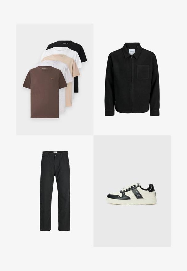 Juodas džemperis su užtrauktuku, apykakle ir vienu krūtiniu kišenėje, pristatytas baltame fone.; Penki trumpomis rankovėmis marškinėliai rudos, pilkos, smėlio, baltos ir juodos spalvų, su apvaliu kaklu ir minkšta, lygi medvilnės audinio.; Juodi kelniai, pagaminti iš tvirto audinio, su tiesiomis kojomis, siuvinėtomis detalėmis ir dviem priekinėmis kišenėmis funkcionalumui.; Odiniai sportbačiai juodos ir kreminės spalvų schemoje, su perforuotais akcentais, paminkštinta apykakle ir tekstūruotu padu.