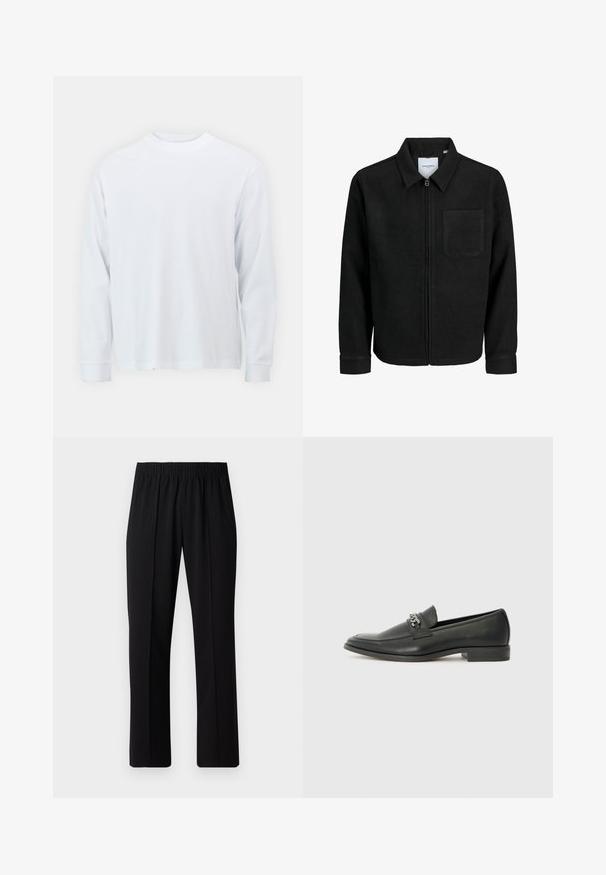 Čierna zipsová bunda s golierom a jednou náprsníkou, vystavená na bielom pozadí.; Biela tričko s dlhým rukávom vyrobené z bavlny, s okrúhlym výstrihom a rovnom spodným lemom. Hladká textúra, jednoduchý dizajn bez vzorov alebo akcentov.; Čierne nohavice s elastickým pásom a rovnými nohavicami, majú hladkú textúru a žiadne viditeľné vzory ani kovové doplnky.; Čierne kožené loafers s hladkým povrchom, s prešitým dizajnom a dekoratívnym kovovým reťazovým akcentom cez priehlavok. Plochý podpätok.