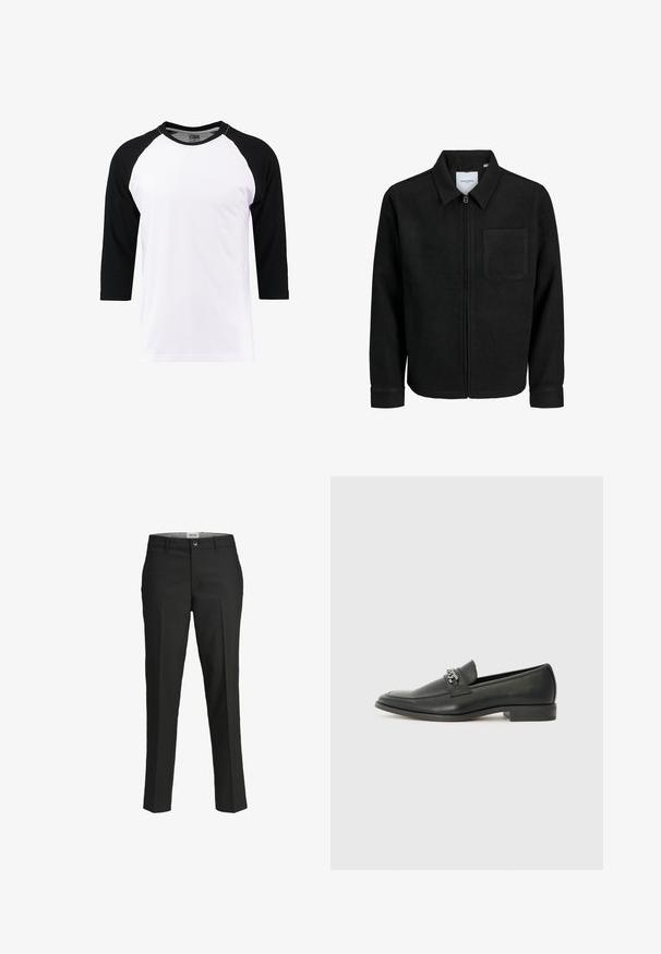 Črna jakna z zadrgo in ovratnikom ter enim žepom na prsih, prikazana na beli podlagi.; Bela kratka majica s črnimi raglan rokavi, izdelana iz bombaža, z okroglo ovratnikom in gladko teksturo.; Črne hlače, krojene prilega, gladka tkanina, srednje visok pas, sprednja zaponka, diagonalne žepke in pregibna podrobnost vzdolž nog.; Črni usnjeni loafer z gladko površino, ki ima šivano zasnovo in dekorativni kovinski verižni naglas preko vampirja. Ravno peto.