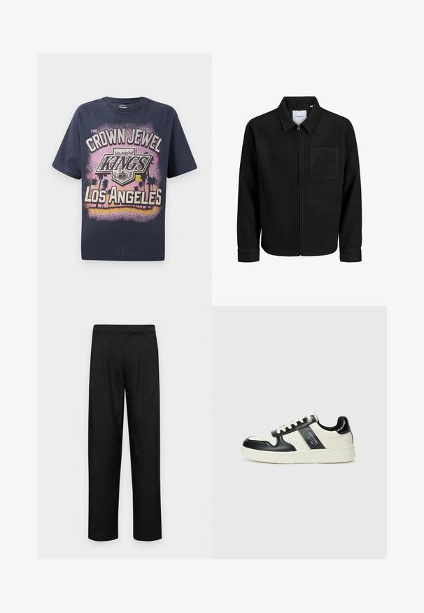 Crna jakna na zip s ovratnikom i jednim džepom na prsima, prikazana na bijeloj pozadini.; Tamno plava pamučna majica sa grafičkim otiskom koji sadrži tekst "CROWN JEWEL KINGS OF LOS ANGELES" i siluete palmi.; Crne hlače od glatkog materijala, s dizajnom ravnih nogavica, dva prednja nabora i standardnim pojasom s petljama za remen.; Kožne tenisice s crno-bijelom paletom boja, koje imaju perforirane akcentne detalje, podstavljeni ovratnik i teksturiranu potplat.