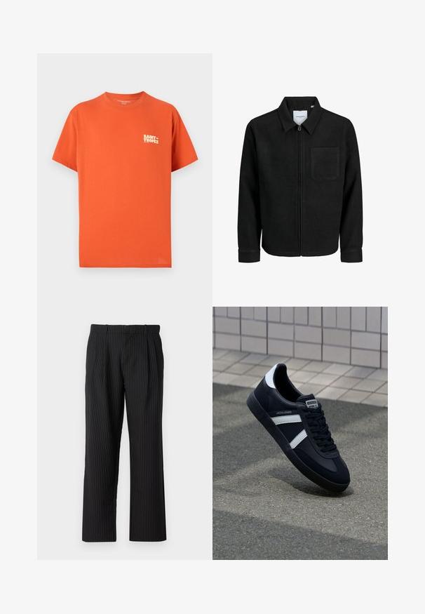 Musta vetoketjullinen takki, jossa on kaulus ja yksi rintatasku, esitelty valkoista taustaa vasten.; Lyhythihaine oranssi t-paita, joka on valmistettu puuvillasta. Vasemmassa rinnassa pieni valkoinen "SAINT-TROPEZ" -logo. Suora leikkaus ja pehmeä rakenne.; Jack & Jones JPSTBILL JJDAYTONA WIDE - Housut - black; Mustat nahkakengät valkoisilla raidoilla, teksturoitu kumipohja ja nauha edessä. Varustettu merkkitarralla kielen päällä.
