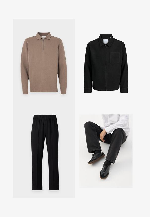 Černá zipová bunda s límečkem a jednou kapsou na hrudi, vystavená na bílém pozadí.; Hnědá polo košile s dlouhým rukávem a zipovým límcem, s ribrovou texturou a rovně střiženým spodním okrajem. Má dlouhé rukávy a uvolněný střih.; Černé kalhoty s elastickým pasem a rovnými nohavicemi, s hladkým povrchem a bez viditelných vzorů nebo kovových doplňků.; Černé tenisky se hladkým a texturovaným svrškem, s kaučukovou podešví a tmavými šňůrkami. Skombinované s černými džínami a bílou proužkovanou košilí.