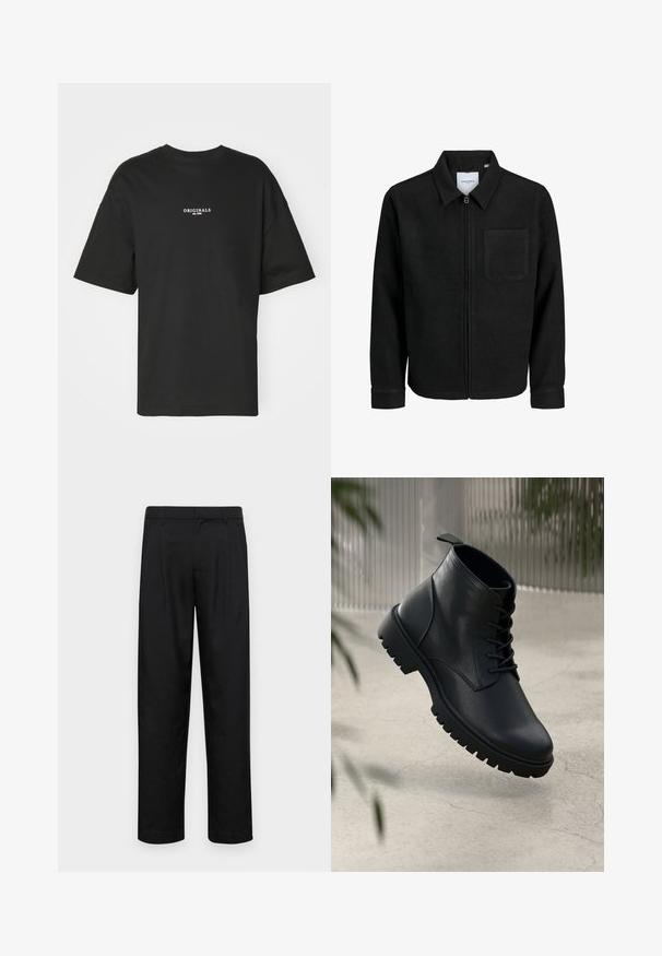 Zwarte zip-up jas met kraag en enkele borstzak, weergegeven op een witte achtergrond.; Zwart T-shirt met korte mouwen van katoen, voorzien van een witte print "ORIGINALS est. 1970" op de borst, met een relaxte pasvorm en ronde hals.; Zwarte broeken van gladde stof, met een recht model, twee voorknikken en een standaard tailleband met riemlussen.; Zwarte leren enkelboots met een ronde neus, vetersluiting en robuuste rubberen zool. Gladde textuur met een bevestigingslus aan de achterkant.