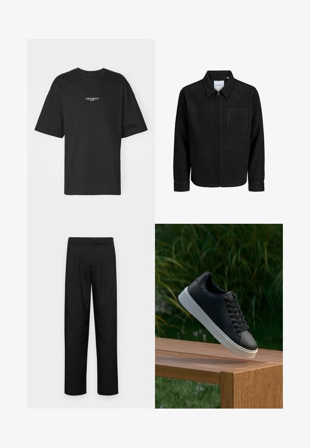 Jachetă neagră cu fermoar, cu guler și un singur buzunar pe piept, expusă pe fundal alb.; Tricou negru cu mânecă scurtă din bumbac, având un imprimeu alb "ORIGINALS est. 1970" pe piept, cu o croială lejeră și guler rotund.; Pantaloni negri dintr-un material neted, cu un design drept, două pliuri frontale și un tiv standard cu bucle pentru curea.; Adidași din piele neagră cu o textură netedă, talpă din cauciuc alb și șase orificii pentru șireturi, expuși pe o suprafață din lemn.