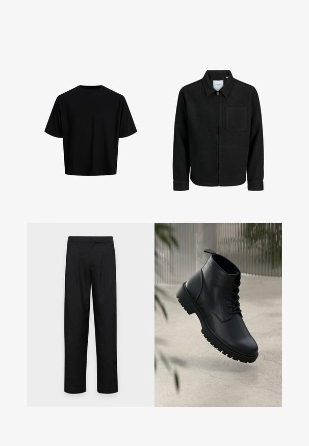 Zwarte zip-up jas met kraag en enkele borstzak, weergegeven op een witte achtergrond.; Zwarte cropped t-shirt gemaakt van gladde katoenstof. Heeft een ronde hals en korte mouwen, met een eenvoudig, minimalistisch ontwerp.; Zwarte broeken van gladde stof, met een recht model, twee voorknikken en een standaard tailleband met riemlussen.; Zwarte leren enkelboots met een ronde neus, vetersluiting en robuuste rubberen zool. Gladde textuur met een bevestigingslus aan de achterkant.