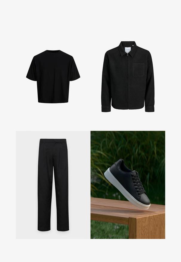 Melna jaka ar rāvējslēdzēju un apkakli, vienu krūšu kabatu, parādīta uz baltas fona.; Melna iekārta krekls, izgatavots no gludas kokvilnas auduma. Iekļaujapa apaļu kaklu un īsām piedurknēm, ar vienkāršu, minimālu dizainu.; Melnas bikses, izgatavotas no gludas auduma, ar taisnu kāju dizainu, divām priekšējām krokām un standarta jostu, kurai ir āķi.; Melnās ādas sporta apavi ar gludu tekstūru, baltu gumijas zoli un sešiem caurumiem šņorešanai, novietoti uz koka virsmas.