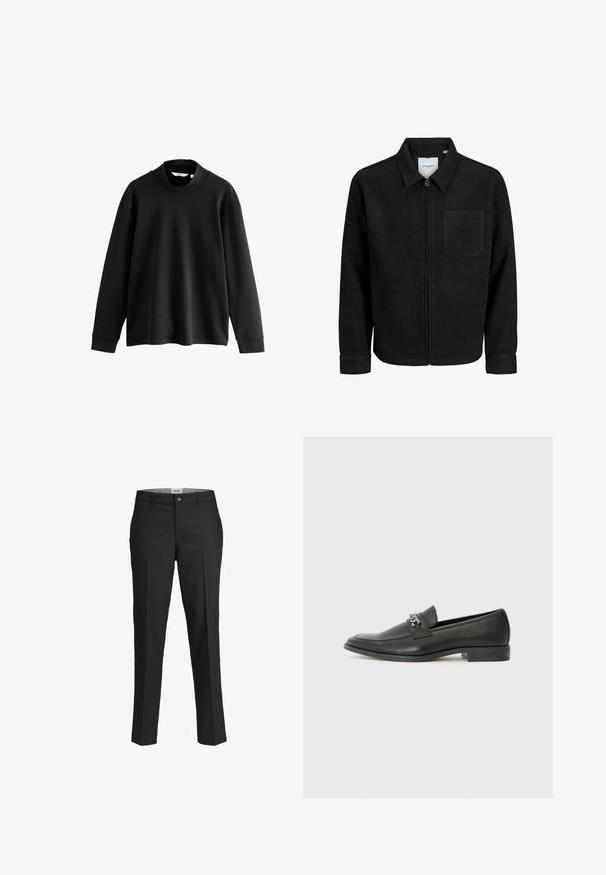 Chaqueta negra con cremallera y cuello, con un solo bolsillo en el pecho, expuesta sobre un fondo blanco.; Sudadera negra de manga larga con cuello alto, hecha de una tela suave, que presenta hombros caídos y puños acanalados para un ajuste relajado.; Pantalones negros, corte entallado, tejido suave, cintura de altura media, cierre frontal de botón, bolsillos diagonales y detalles de pliegues a lo largo de las piernas.; Mocasín de cuero negro con un acabado suave, que cuenta con un diseño de costura y un acento decorativo de cadena de metal en el empeine. Tacón plano.