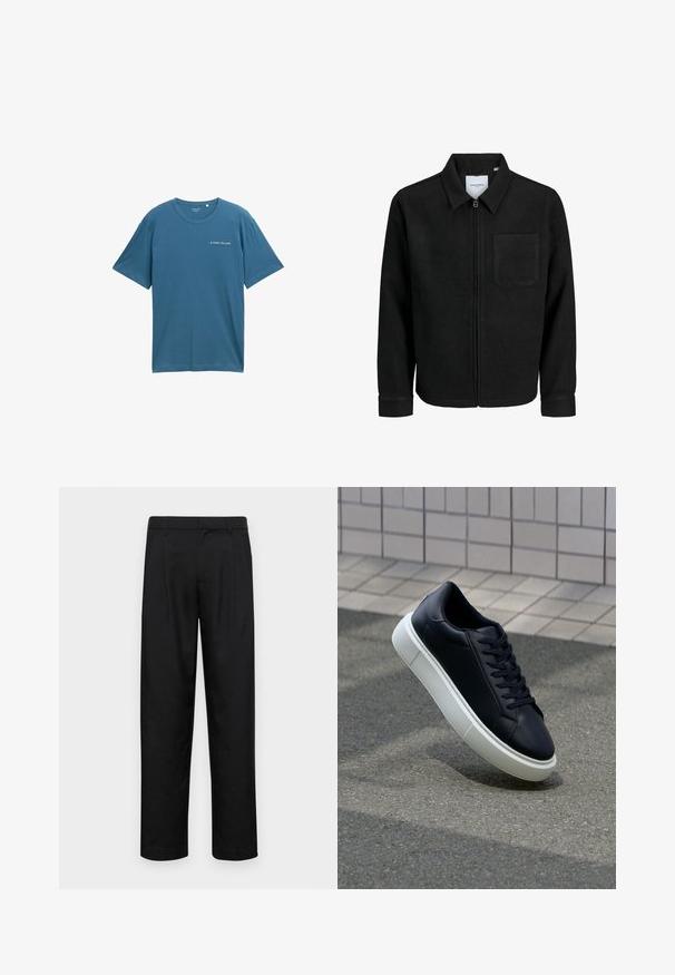 Sort lynlåsjakke med krave og en enkelt brystlomme, vist på hvid baggrund.; Blå bomulds T-shirt med korte ærmer og rund halsudskæring. Har et lille hvidt logo på venstre brystområde. Simpelt design, ingen mønstre.; Sorte bukser lavet af glat stof, med et lige ben-design, to frontfolder og en standard talje med bæltestropper.; Sort lædersneaker med rund tå og hvid gummisål. Har flade snørebånd og minimal syning på overdelen. Tekstureret sål for bedre greb.