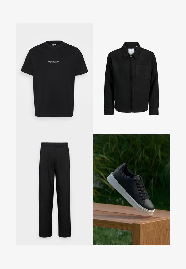 Melna jaka ar rāvējslēdzēju un apkakli, vienu krūšu kabatu, parādīta uz baltas fona.; Melna kokvilnas t-krekls ar apaļu kakla izgriezumu un īsām piedurknēm, uz krūtīm ar baltu izšūtu tekstu "Originals Studio".; Melnas bikses, izgatavotas no gludas auduma, ar taisnu kāju dizainu, divām priekšējām krokām un standarta jostu, kurai ir āķi.; Melnās ādas sporta apavi ar gludu tekstūru, baltu gumijas zoli un sešiem caurumiem šņorešanai, novietoti uz koka virsmas.