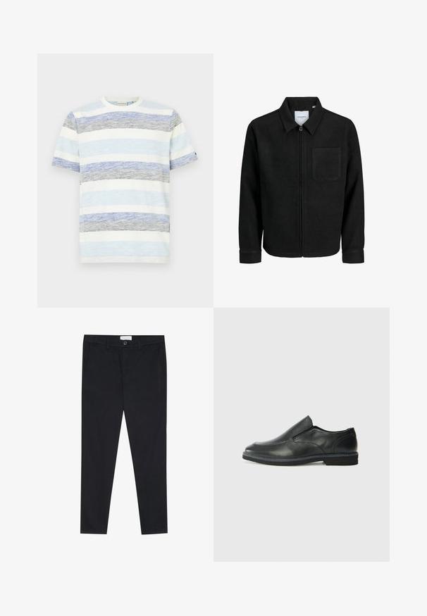 Black zip-up jacket with collar and single chest pocket, displayed on white background.; Striped t-shirt featuring blue, gray, and white colors, short sleeves, round neckline, and a soft, textured fabric.; Black trousers with a straight-leg design, made of cotton fabric. Features two front pockets and a button closure at the waist.; Black leather slip-on shoe with a smooth upper, stitched accents, rounded toe, and a low rubber heel. Sole features minimal tread.