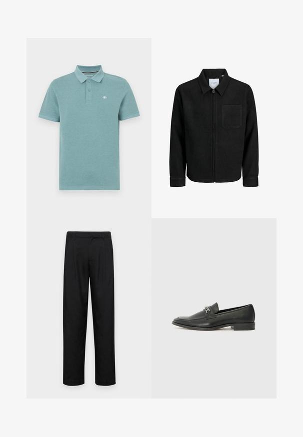 Chaqueta negra con cremallera y cuello, con un solo bolsillo en el pecho, expuesta sobre un fondo blanco.; Camisa polo en verde claro, de manga corta, con cuello de polo y dos botones, presenta un pequeño logo en el lado izquierdo del pecho, fabricada en algodón suave.; Pantalones negros de tela suave, con un diseño de pierna recta, dos pliegues frontales y una cintura estándar con trabillas para el cinturón.; Mocasín de cuero negro con un acabado suave, que cuenta con un diseño de costura y un acento decorativo de cadena de metal en el empeine. Tacón plano.