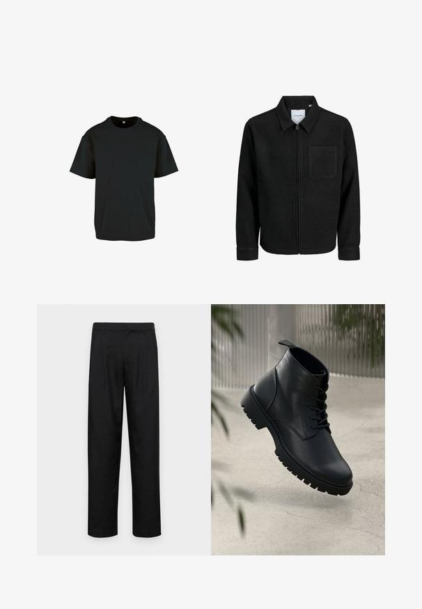Juodas džemperis su užtrauktuku, apykakle ir vienu krūtiniu kišenėje, pristatytas baltame fone.; Juodas medvilnės marškinėliai su apvalia iškirpte ir trumpomis rankovėmis; turi laisvą siluetą ir lygią, tekstūruotą paviršių.; Juodi kelnių modeliai, pagaminti iš lygios medžiagos, turi tiesią kojas, du priekiniai klostės ir standartinę juosmenį su diržo kilpomis.; Juodi odiniai auliniai batai su apvaliu pirštu, su raišteliais ir tvirtu guminio pado dizainu. Romus paviršius su kilpeliu gale.