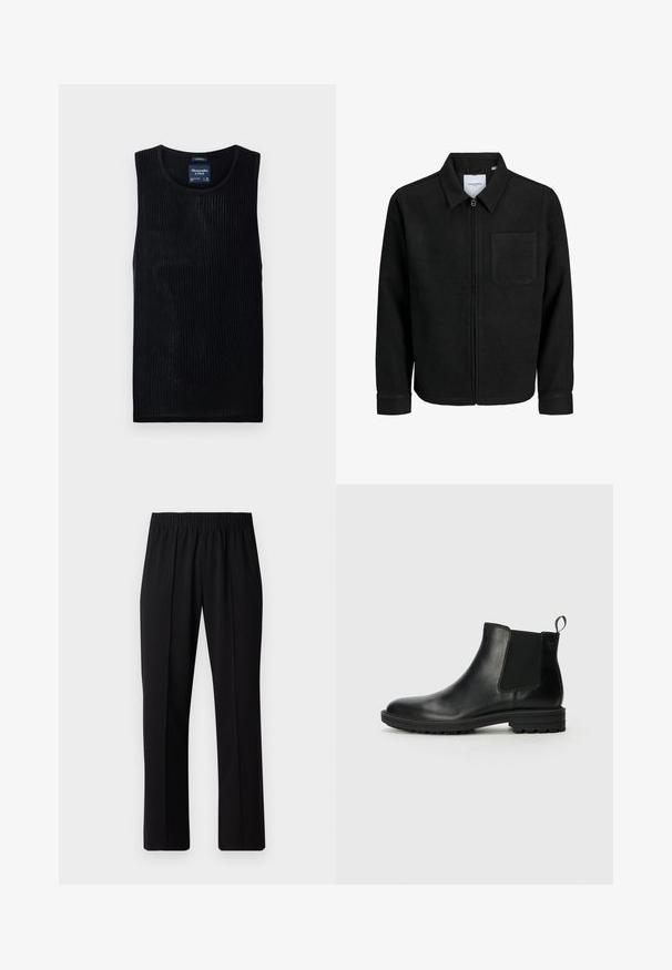 Black zip-up jacket with collar and single chest pocket, displayed on white background.; Black ribbed tank top with a round neckline and cropped design. Made of lightweight fabric, featuring subtle texture and no embellishments.; Black, elastic-waist trousers with a straight-leg design, featuring a smooth texture and no visible patterns or hardware.; Jack & Jones JFWHOSKINS - Classic ankle boots - anthracite