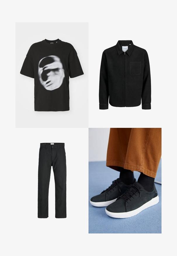 Mustaga lukuga jakker, millel on krae ja üks rinna-tasku, esitatud valgel taustal.; Must have musta t-särk, millel on udune valge näo graafika. Lühikesed varrukad ja ümar kaelus.; Mustad mustad, mis on valmistatud vastupidavast kangast, sirge jala disainiga, õmmeldud detailidega ja kahe eesmise taskuga funktsionaalsuse jaoks.; Mustad suede spordijalatsid valge kummitaldaga, millel on paeltega kinnitamine, tekstuuriga aktsendid ja tagasihoidlik bränding, koos pruuni pükstega.