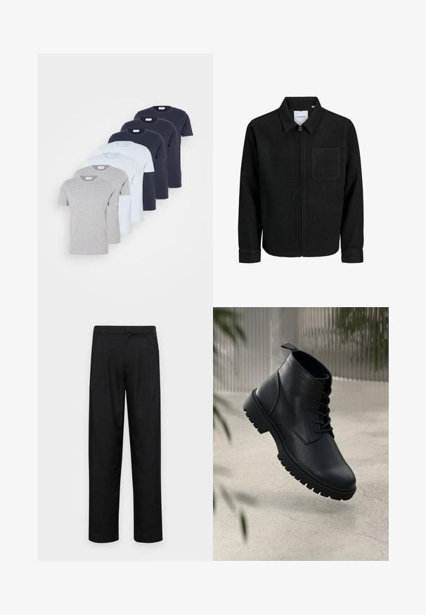 Melna jaka ar rāvējslēdzēju un apkakli, vienu krūšu kabatu, parādīta uz baltas fona.; Seši īsu piedurkņu T-krekli pelēkā, gaiši zilā un tumši zilā krāsā, izgatavoti no kokvilnas. Katram ir apaļa kakla izgriezuma forma un regulāra piegriezuma siluets.; Melnas bikses, izgatavotas no gludas auduma, ar taisnu kāju dizainu, divām priekšējām krokām un standarta jostu, kurai ir āķi.; Melnas ādas potītēm līdzīgas kurpes ar noapaļotu purngalu, saistīšanas sistēmu un izturīgu gumijas zoli. Gluda virsma ar cilpu aizmugurē.