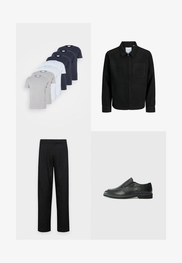 Čierna zipsová bunda s golierom a jednou náprsníkou, vystavená na bielom pozadí.; Šesť kratkých rukávov tričiek v sivej, svetlo modrej a námorníckej farbe, vyrobených z bavlny. Každé má okrúhly výstrih a bežný strih.; Čierne nohavice vyrobené z hladkej tkaniny, s rovnými nohavicami, dvoma prednými skladmi a štandardným pásom s pútkami na opasok.; Čierny kožený nazúvací topánka s hladkým zvrškom, prešitými akcentmi, zaoblenou špičkou a nízkym gumovým podpätkom. Podošva má minimálny dezén.