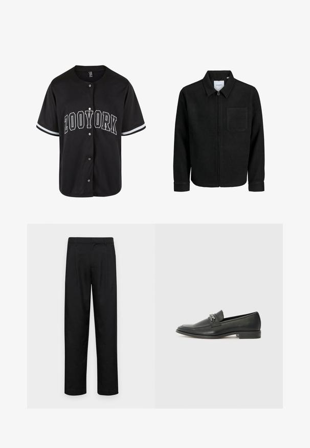 Mustaga lukuga jakker, millel on krae ja üks rinna-tasku, esitatud valgel taustal.; Must have lühikesed varrukad jerser, nööpidega, millel on julged valged tähed "ZOOYORK" ja kontrastsed valged triibud varrukatel.; Mustad mustadest riietest, millel on sirge jalgade disain, kaks eesmist voltimist ja tavaline vöökoht, millel on vöökohad.; Must haveate nahkking punased, millel on sile viimistlus, tikitud muster ja dekoratiivne metallkett vampi üle. Tasane konts.
