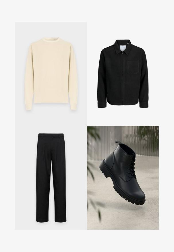 Musta vetoketjullinen takki, jossa on kaulus ja yksi rintatasku, esitelty valkoista taustaa vasten.; Vaahtoehtoinen, pyöreäkauluksinen pitkähiha-paita vaaleanbeigenä, valmistettu pehmeästä puuvillasta. Paidassa on resorivarsit ja suora helma, ilman näkyviä kuvioita tai grafiikkaa.; Mustat housut, jotka on valmistettu sileästä kankaasta, suoran lahkeen muotoilulla, kahdella etupleekillä ja tavanomaisella vyötäröllä, jossa on vyölenkit.; Mustat nahka nilkkurit, joissa on pyöreä kärki, nauhakiinnitys ja kova kumipohja. Sujuva pinta, jossa on vetoketju takana.