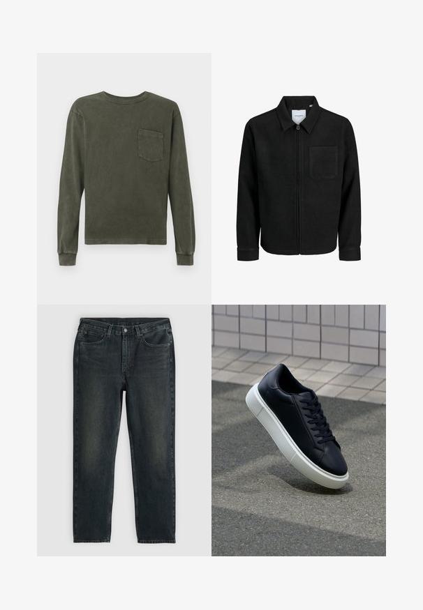 Juodas džemperis su užtrauktuku, apykakle ir vienu krūtiniu kišenėje, pristatytas baltame fone.; Ilga rankovė marškiniai tamsiai alyvuogių spalvos, pagaminti iš minkštos medžiagos, su apvalia kaklo iškirpte ir krūtinės kišenėle. Lygus paviršius, laisvas kirpimas.; Tamsiai mėlynos džinsinės kelnės su tiesiu kirpimu, turinčios penkias kišenes, užtrauktuką ir kontrastingas siūles. Audinys šiek tiek nublukęs.; Juodas odinis sportbačius su apvaliu pirštu ir baltu gumuotu padu. Turi plokščias raišteles ir minimalų siuvimą viršuje. Padangos tekstūra užtikrina sukibimą.