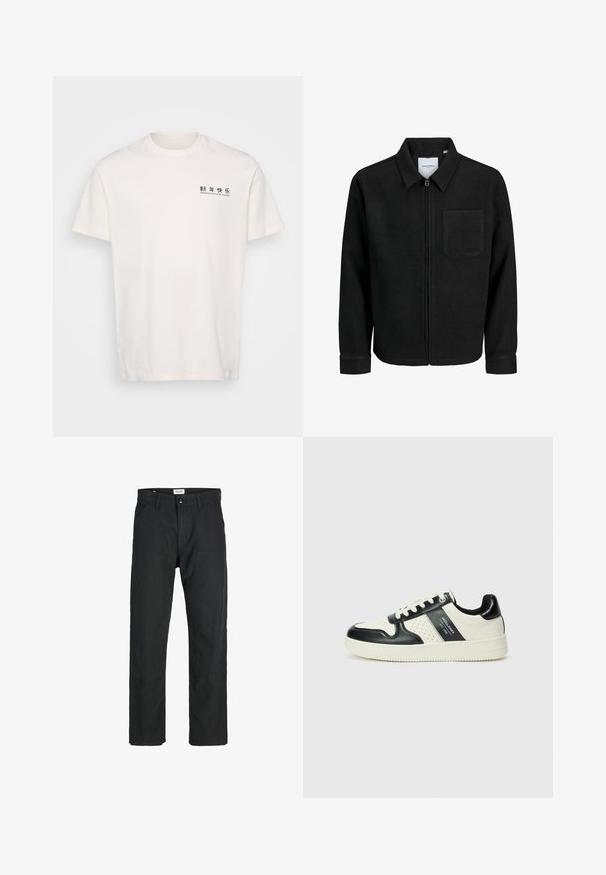 Juodas džemperis su užtrauktuku, apykakle ir vienu krūtiniu kišenėje, pristatytas baltame fone.; Baltos medvilninės marškinėliai su apvaliu iškirpimu, trumpomis rankovėmis ir juodu spaudiniu priekyje. Paprastas dizainas, standartinis dalinys.; Juodi kelniai, pagaminti iš tvirto audinio, su tiesiomis kojomis, siuvinėtomis detalėmis ir dviem priekinėmis kišenėmis funkcionalumui.; Odiniai sportbačiai juodos ir kreminės spalvų schemoje, su perforuotais akcentais, paminkštinta apykakle ir tekstūruotu padu.