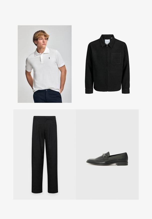 Chaqueta negra con cremallera y cuello, con un solo bolsillo en el pecho, expuesta sobre un fondo blanco.; Camisa polo blanca de algodón, con un collar clásico, tapeta de tres botones y un pequeño logo negro en el pecho.; Pantalones negros de tela suave, con un diseño de pierna recta, dos pliegues frontales y una cintura estándar con trabillas para el cinturón.; Mocasín de cuero negro con un acabado suave, que cuenta con un diseño de costura y un acento decorativo de cadena de metal en el empeine. Tacón plano.