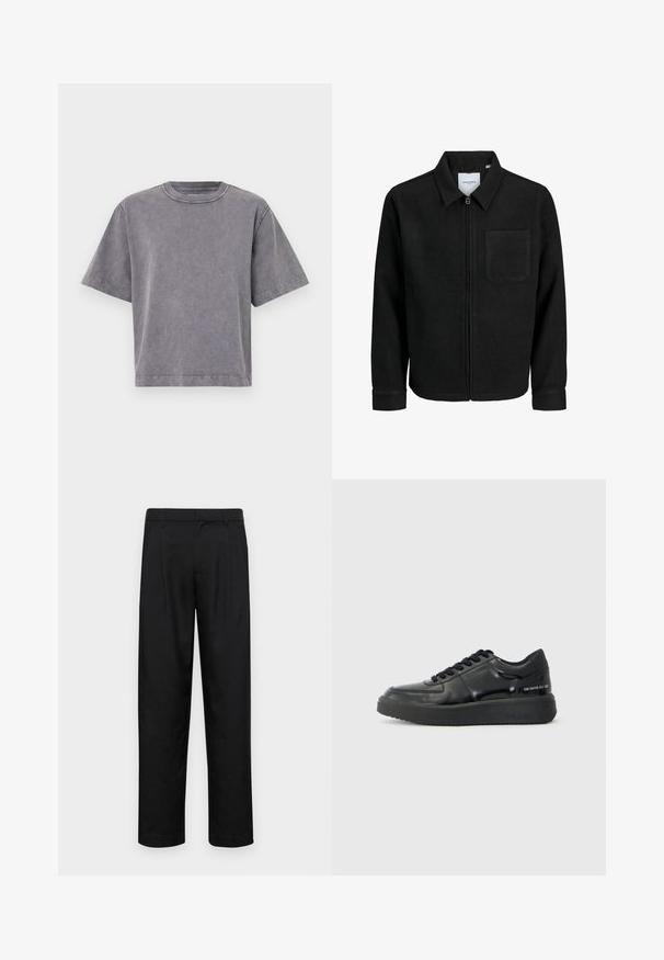 Zwarte zip-up jas met kraag en enkele borstzak, weergegeven op een witte achtergrond.; Grijze T-shirt met korte mouwen, gemaakt van zachte katoen, met een ronde halslijn en een ontspannen pasvorm met subtiele textuur. Geen zichtbare branding.; Zwarte broeken van gladde stof, met een recht model, twee voorknikken en een standaard tailleband met riemlussen.; Zwarte leren sneakers met een gladde afwerking, ronde neus en contrasterende zwarte rubberen zool. Voorzien van platte veters en merkbranding aan de zijkant.