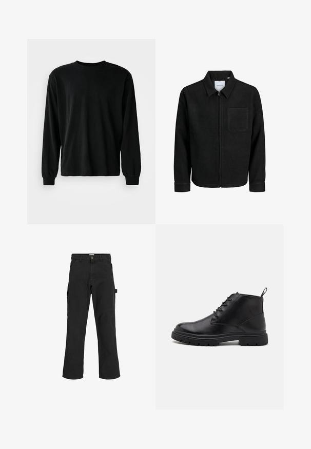 Schwarze Zip-Jacke mit Kragen und einer einzelnen Brusttasche, auf weißem Hintergrund präsentiert.; SchwarzLangarmshirt aus Baumwolle, mit Rundhalsausschnitt, lockerer Passform und engen Manschetten, mit glatter Textur und ohne sichtbare Muster.; Schwarze Cargo-Hosen aus einem Baumwoll-Mischgewebe. Mit weitem Bein, schrägen Taschen vorne und einer Seitentasche mit einer Schlaufe für Accessoires.; Schwarze Leder-Stiefeletten mit Schnürung, strukturierten Sohlen und Zuglasche. Abgerundete Zehen und robuste Gummisohle mit verbessertem Grip.