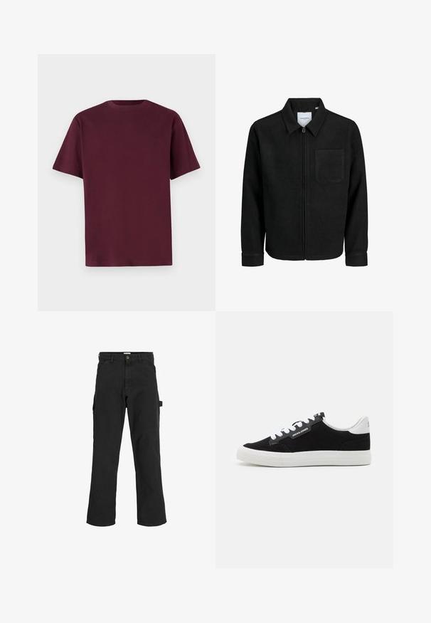 Jachetă neagră cu fermoar, cu guler și un singur buzunar pe piept, expusă pe fundal alb.; Tricou din bumbac bordeaux cu mâneci scurte, guler rotund și o textură netedă. Design simplu, fără modele sau detalii suplimentare.; Pantaloni cargo negri dintr-un amestec de bumbac. Au picioare largi, buzunare frontale înclinate și un buzunar lateral cu un laț pentru accesorii.; Jack & Jones JFWMORDEN COMBO - Sneakers low - anthracite