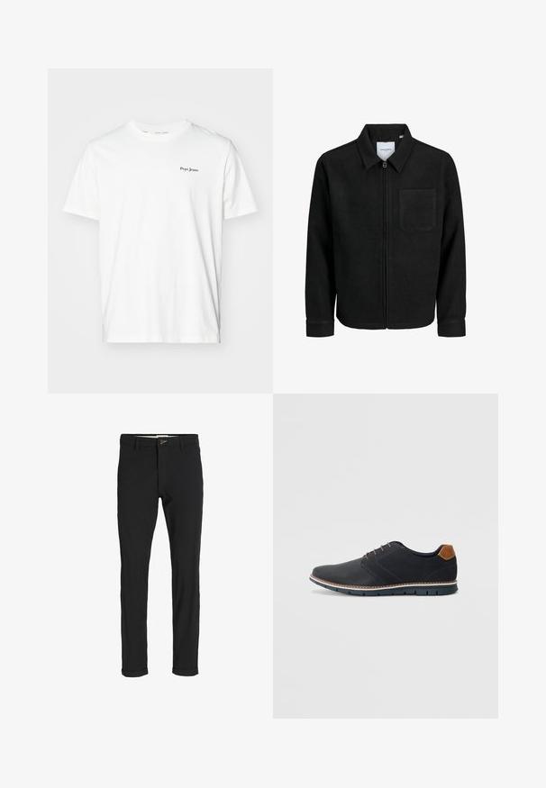 Musta vetoketjullinen takki, jossa on kaulus ja yksi rintatasku, esitelty valkoista taustaa vasten.; Valkoinen puuvillapaita, jossa on pyöreä kaula-aukko ja lyhyet hihat. Pienen mustan "Pepe Jeans" -logon sijaitsee vasemmassa rintataskussa.; Mustat puuvillasekoitehousut, joissa on slim fit -leikkaus, napitus, taskut ja käärityt lahkeet rentoa ilmettä varten.; Mustat synteettiset kengät, joissa on teksturoitu päällinen, sileät yksityiskohdat, ruskea kanta ja erottuva pohja. Ominaisuuksina minimaalinen nauhoitus ja ompeluyksityiskohdat.