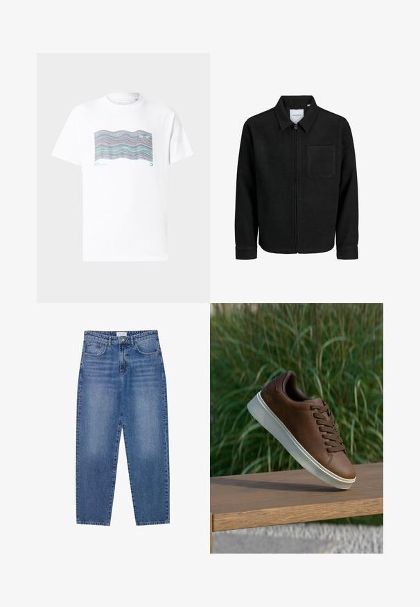 Sort lynlåsjakke med krave og en enkelt brystlomme, vist på hvid baggrund.; Hvid bomulds T-shirt med et flerfarvet bølgemønster samt teksten "MIAMI" og "20-97" trykt på forsiden. Korte ærmer, rundt halsudskæring.; Blå denim jeans med høj talje, lige ben design og slidte finish. Har fem lommer og en knaplukning.; Brune læder sneakers med hvid gummisål, rund tå og brune snørebånd. Tekstureret greb på sålen og glat overflade på det øverste.