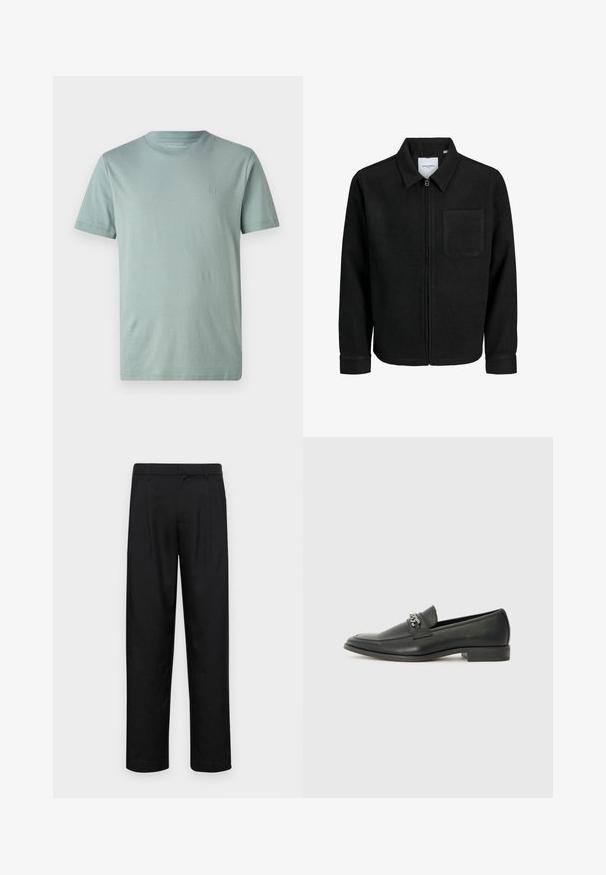 Mustaga lukuga jakker, millel on krae ja üks rinna-tasku, esitatud valgel taustal.; Hele rohelise värvi lühikeste varrukatega T-särk, mis on valmistatud pehmest kangast. Särgil on ümmargune kaelus ja väike logo rinnal. Sile tekstuur, minimaalne disain.; Mustad mustadest riietest, millel on sirge jalgade disain, kaks eesmist voltimist ja tavaline vöökoht, millel on vöökohad.; Must haveate nahkking punased, millel on sile viimistlus, tikitud muster ja dekoratiivne metallkett vampi üle. Tasane konts.