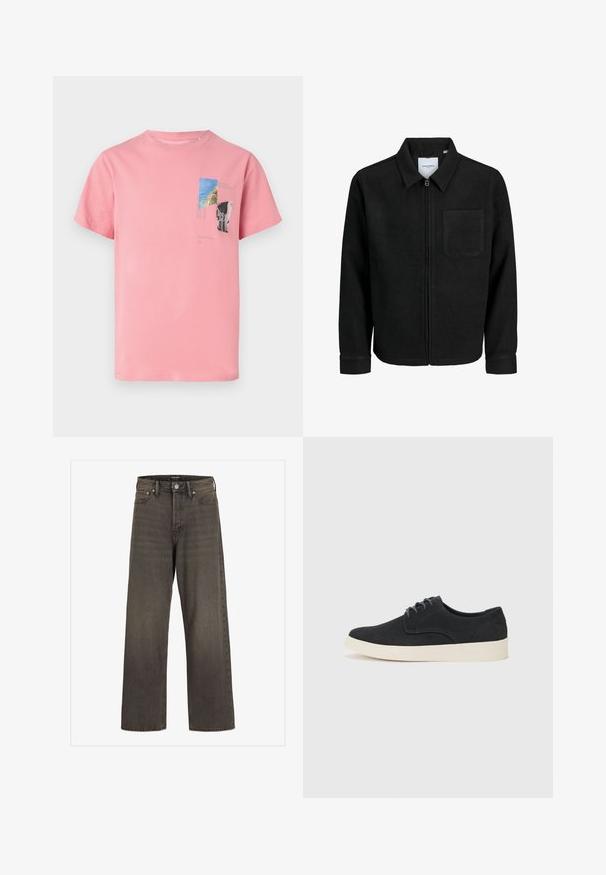 Čierna zipsová bunda s golierom a jednou náprsníkou, vystavená na bielom pozadí.; Ružová bavlnená tričko s krátkymi rukávmi. Obsahuje potlač v modrej, zelenej a čiernej farbe, vrátane textu a geometrických tvarov na prednej strane.; Džínsy s širokými nohavicami v tmavošedej džínsovine, s vysokým pásom, klasickým dizajnom s piatimi vreckami a kontrastným šitím pozdĺž švov.; Čierne semišové šnurovacie topánky s okrúhlou špičkou, ľahkou krémovou podrážkou a jemnými modrými švy na vrchu.