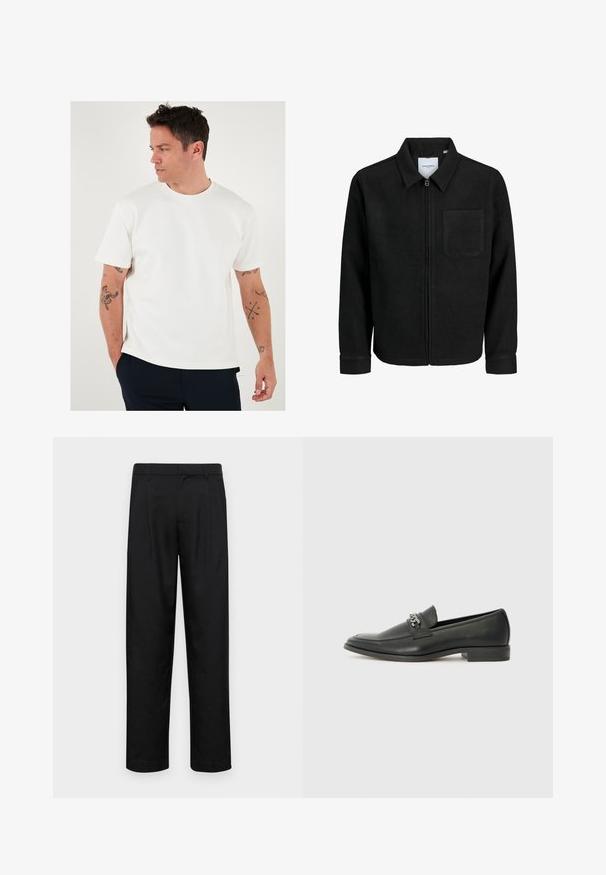 Črna jakna z zadrgo in ovratnikom ter enim žepom na prsih, prikazana na beli podlagi.; Bela majica s kratkimi rokavi in okroglim izrezom, gladka tekstura. Oblečena z temnimi hlačami, na rokah so vidne tetovaže.; Črne hlače iz gladkega materiala, s krojem ravne noge, dvema sprednjima pregiboma in standardnim pasom z zankami za pas.; Črni usnjeni loafer z gladko površino, ki ima šivano zasnovo in dekorativni kovinski verižni naglas preko vampirja. Ravno peto.