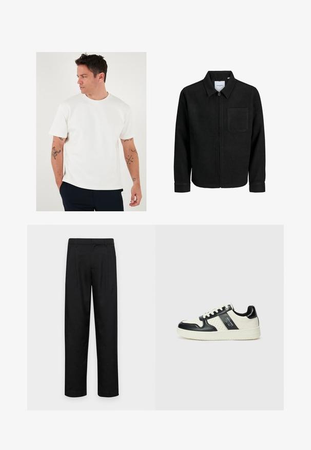 Chaqueta negra con cremallera y cuello, con un solo bolsillo en el pecho, expuesta sobre un fondo blanco.; Camiseta blanca de cuello redondo, de mangas cortas, con textura suave. Llevada con pantalones oscuros, con tatuajes visibles en los brazos.; Pantalones negros de tela suave, con un diseño de pierna recta, dos pliegues frontales y una cintura estándar con trabillas para el cinturón.; Zapatillas de cuero con un esquema de colores negro y crema, que cuentan con acentos perforados, un collar acolchado y una suela texturizada.