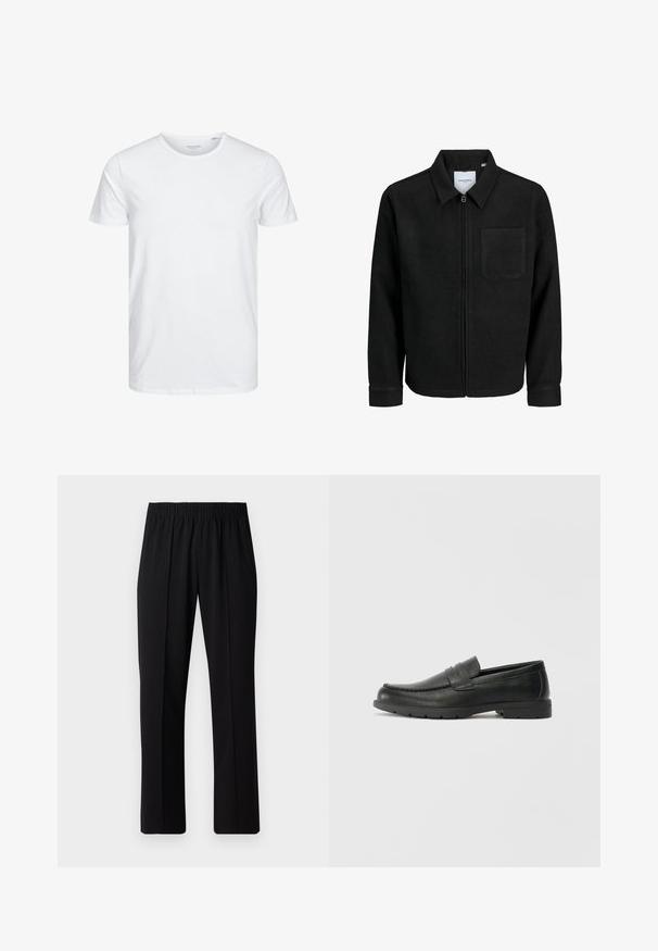 Melna jaka ar rāvējslēdzēju un apkakli, vienu krūšu kabatu, parādīta uz baltas fona.; Apaļa izgriezuma īsā piedurkne T-kreklā, kas izgatavota no maigas kokvilnas, ir vienkāršs dizains bez redzamām rakstām vai akcentiem.; Melni elastīgi bikses ar taisnas kājas dizainu, ar gludu tekstūru un bez redzamām zīmēm vai detaļām.; Melnas ādas loafers ar gludu apdari, mokasīnu stila augšdaļu, šūtu detalizāciju un gumijas zoli. Klasisks dizains ar zemu papēdi.