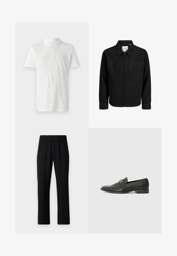 Sort lynlåsjakke med krave og en enkelt brystlomme, vist på hvid baggrund.; Hvid polo shirt lavet af bomuld med kravehals, tre knapper og korte ærmer. Har et diskret logo på brystet.; Sorte bukser med elastisk talje og lige ben, der har en glat tekstur og ingen synlige mønstre eller hardware.; Sorte læder loafers med en glat finish, der har et syet design og et dekorativt metal kædeaccent hen over vamps. Flad hæl.