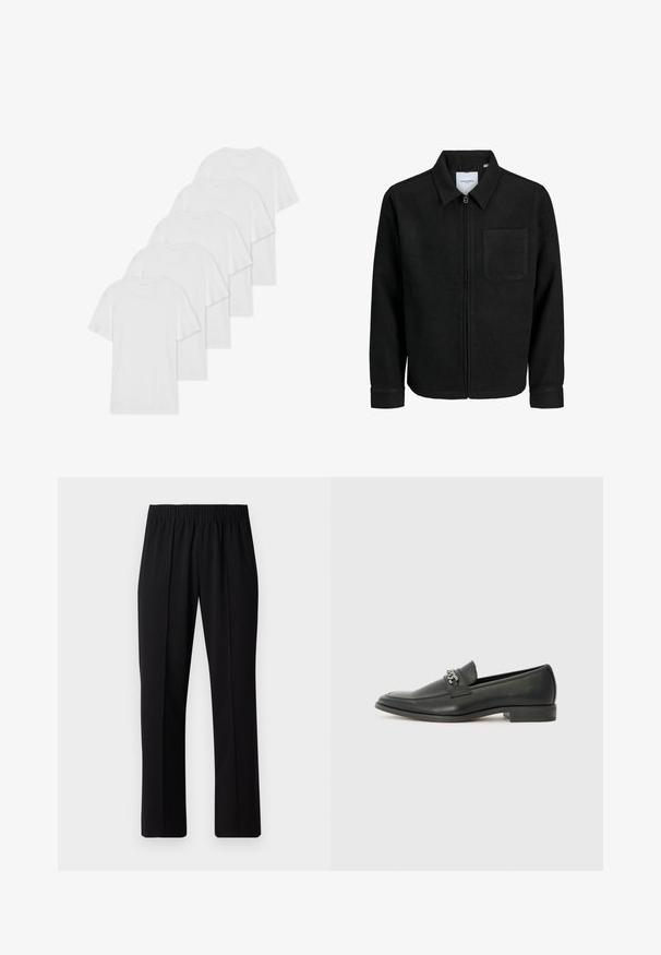Black zip-up jacket with collar and single chest pocket, displayed on white background.; Six white cotton T-shirts with short sleeves and round necklines arranged in a row, featuring a smooth texture and no visible patterns.; Black, elastic-waist trousers with a straight-leg design, featuring a smooth texture and no visible patterns or hardware.; Black leather loafer with a smooth finish, featuring a stitched design and a decorative metal chain accent across the vamp. Flat heel.