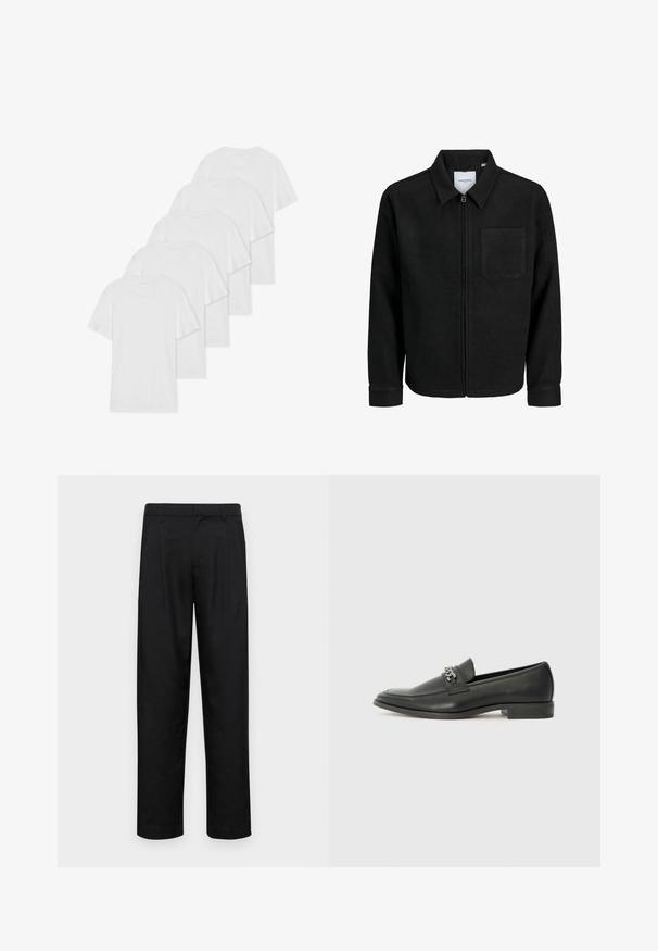 Zwarte zip-up jas met kraag en enkele borstzak, weergegeven op een witte achtergrond.; Zes witte katoenen T-shirts met korte mouwen en ronde halslijnen, netjes op een rij geplaatst. Ze hebben een gladde textuur en geen zichtbare patronen.; Zwarte broeken van gladde stof, met een recht model, twee voorknikken en een standaard tailleband met riemlussen.; Zwarte leren instapper met een gladde afwerking, voorzien van een gestikt ontwerp en een decoratieve metalen kettingaccent over de wreef. Platte hak.