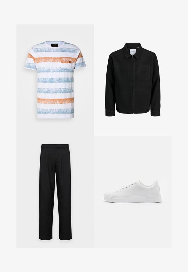 Schwarze Zip-Jacke mit Kragen und einer einzelnen Brusttasche, auf weißem Hintergrund präsentiert.; Weißes Kurzarm-T-Shirt mit kräftigen blauen und orangefarbenen horizontalen Streifen, einem strukturierten Stoff und einer kleinen Tasche auf der linken Brust.; Schwarze Hose aus glattem Stoff, mit geradem Bein Design, zwei vorderen Falten und einem Standardbund mit Gürtelschlaufen.; Weiße Sneakers mit einem glatten synthetischen Obermaterial, runder Zehenform, sechs Ösen für Schnürsenkel und einer flachen Gummisohle mit strukturierten Details.