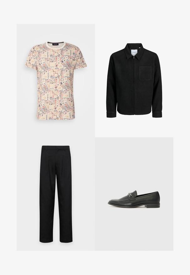 Sort lynlåsjakke med krave og en enkelt brystlomme, vist på hvid baggrund.; Kortærmet t-shirt i beige stof med geometriske mønstre i orange, marineblå og brun. Rund halsudskæring med kontrastkant.; Sorte bukser lavet af glat stof, med et lige ben-design, to frontfolder og en standard talje med bæltestropper.; Sorte læder loafers med en glat finish, der har et syet design og et dekorativt metal kædeaccent hen over vamps. Flad hæl.