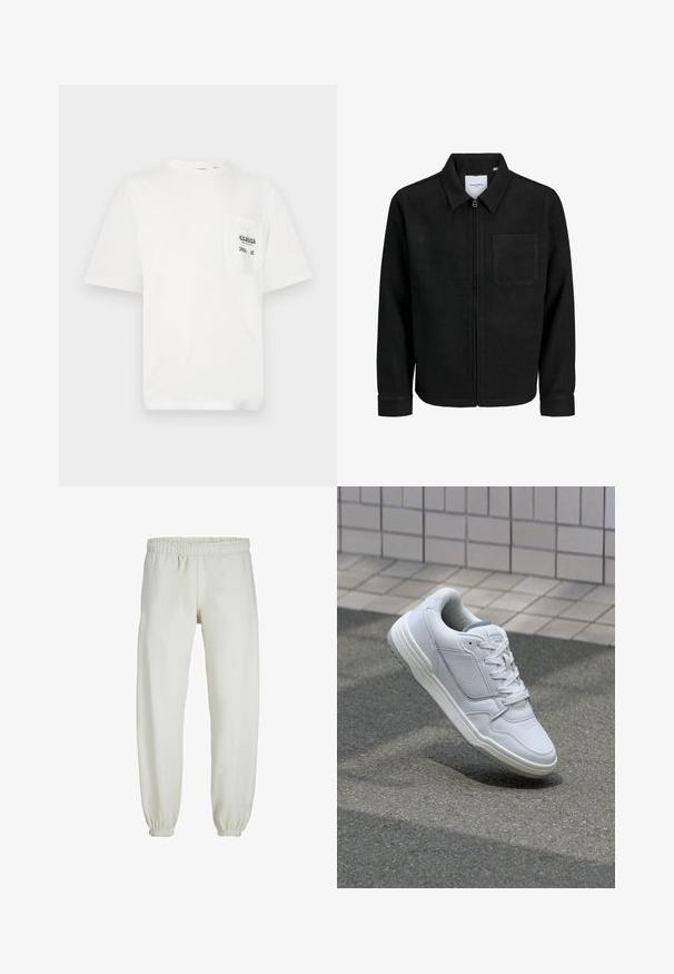 Schwarze Zip-Jacke mit Kragen und einer einzelnen Brusttasche, auf weißem Hintergrund präsentiert.; Weißes Baumwoll-T-Shirt mit Rundhalsausschnitt, kurzen Ärmeln und linker Brusttasche, die den Text "ODESSA" und karierte Akzente zeigt.; Weiße Jogginghose aus weichem Stoff, mit elastischem Bund und Säumen, einer glatten Textur und lockerem Schnitt.; Weiße Ledersneaker mit perforierten Seiten, strukturierten Akzenten, flachen Schnürsenkeln und einer kontrastierenden grauen Ferse. Verfügt über eine leicht erhöhte Sohle.