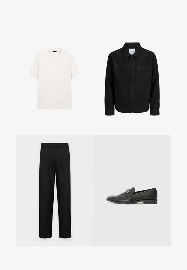 Sort lynlåsjakke med krave og en enkelt brystlomme, vist på hvid baggrund.; Lys hvid kortærmet t-shirt med rund hals, vist fladt med synlig halslabel mod en hvid baggrund.; Sorte bukser lavet af glat stof, med et lige ben-design, to frontfolder og en standard talje med bæltestropper.; Sorte læder loafers med en glat finish, der har et syet design og et dekorativt metal kædeaccent hen over vamps. Flad hæl.