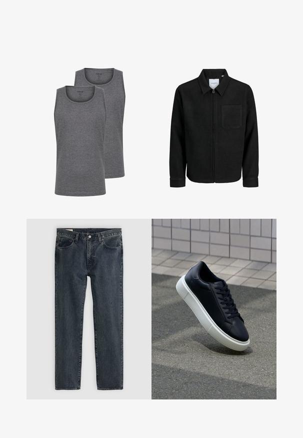 Giacca nera con zip, colletto e una tasca sul petto, mostrata su sfondo bianco.; Due magliette grigie senza maniche realizzate in un morbido misto cotone. Presentano un collo rotondo e un design senza maniche. Tessuto morbido e vestibilità regolare.; Jeans in denim blu scuro con un design a gamba dritta, cinque tasche e chiusura con bottone. Il tessuto presenta una leggera sfumatura e texture.; Sneaker in pelle nera con punta arrotondata e suola in gomma bianca. Presenta lacci piatti e cuciture minime sulla parte superiore. Suola testurizzata per una migliore aderenza.