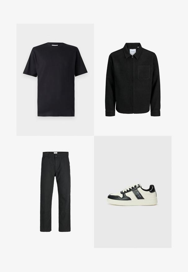 Czarna kurtka z zamkiem na całej długości, z kołnierzem i jedną kieszenią na piersi, umieszczona na białym tle.; Czarna koszulka z krótkim rękawem z bawełny, z okrągłym dekoltem i klasycznym krojem, bez wzorów i widocznych logotypów.; Czarne spodnie wykonane z trwałego materiału, z prostym krojem nóg, przeszyciami i dwiema przednimi kieszeniami dla funkcjonalności.; Skórzane sneakersy w czarno-kremowym schemacie kolorystycznym, z perforowanymi akcentami, wyściełanym kołnierzem i teksturowaną podeszwą.