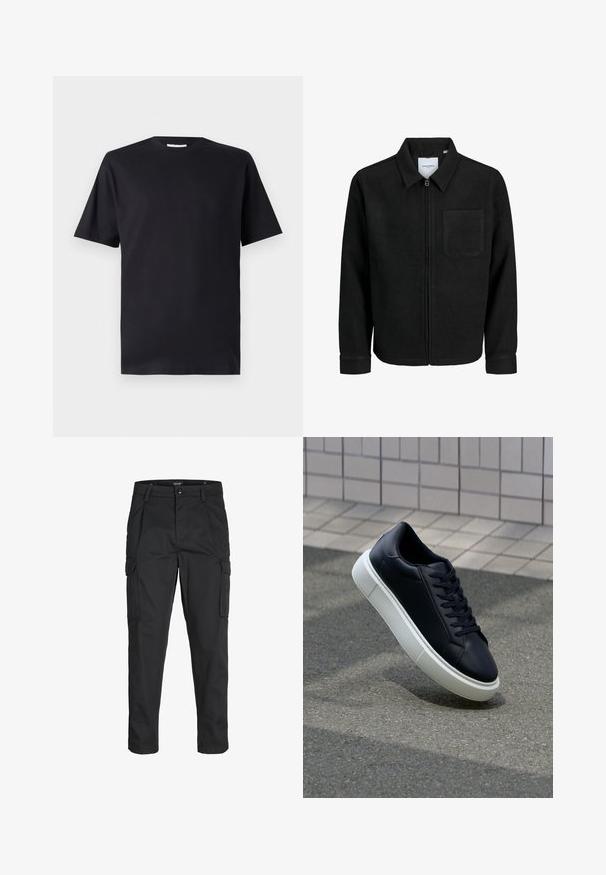 Giacca nera con zip, colletto e una tasca sul petto, mostrata su sfondo bianco.; Maglietta nera a maniche corte in cotone, con scollatura rotonda e taglio classico, senza motivi o marchi visibili.; Pantaloni cargo neri realizzati in un tessuto resistente, dotati di molteplici tasche, chiusura con bottone e un design aderente con gambe affusolate.; Sneaker in pelle nera con punta arrotondata e suola in gomma bianca. Presenta lacci piatti e cuciture minime sulla parte superiore. Suola testurizzata per una migliore aderenza.