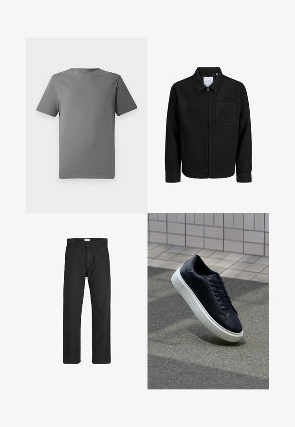 Črna jakna z zadrgo in ovratnikom ter enim žepom na prsih, prikazana na beli podlagi.; Siva kratka majica s kratkimi rokavi, izdelana iz mehkega bombaža, z okroglim izrezom, gladko teksturo in brez vidnih motivov ali poudarkov.; Črne hlače iz trpežnega materiala, s krojem naravnih nog, našitki ter dvema sprednjima žepoma za funkcionalnost.; Črne usnjene superge z zaobljenim prstom in belim gumijastim podplat. Imajo ravne vezalke in minimalno šivanje na zgornjem delu. Teksturirani podplat za oprijem.