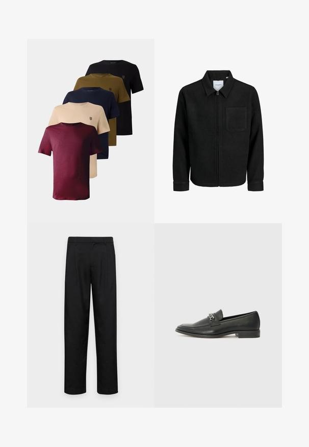 Melna jaka ar rāvējslēdzēju un apkakli, vienu krūšu kabatu, parādīta uz baltas fona.; Pieci īsām piedurknēm T-krekli, kas izstādīti sarkanā, bēša, tumši zilā, olīvu zaļā un melnā krāsā, ar apaļo kakla izgriezumu un mazu logo uz krūšu daļas.; Melnas bikses, izgatavotas no gludas auduma, ar taisnu kāju dizainu, divām priekšējām krokām un standarta jostu, kurai ir āķi.; Melna ādas loafer izmēra apavi ar gludu virsmu, piedāvā ar šūtu dizainu un dekoratīvu metāla ķēdes akcentu pār vampu. Plakana papēža daļa.