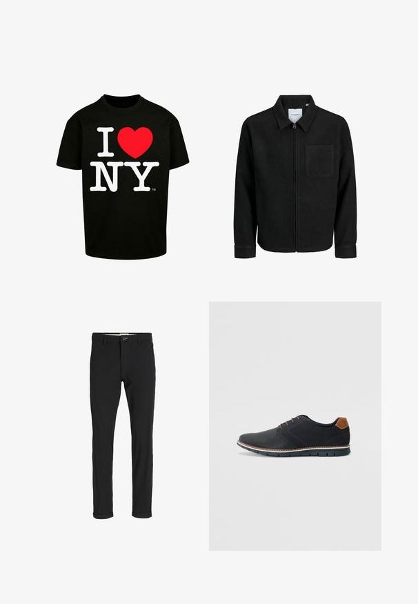 Fekete, zipzáros dzseki gallérral és egyetlen mellzsebbel, fehér háttéren.; Fekete pamutpóló nagy, fehér "I" betűvel, piros szívvel és fehér "NY" grafikával. Klasszikus kerek nyakkivágás, rövid ujjú. Egyszerű és markáns.; Fekete pamut keverék nadrág, slim fit szabással, gombos záródással, zsebekkel és felgöngyölt szárakkal a laza végeredményért.; Fekete szintetikus cipők, textúrált felsőrésszel, sima díszítésekkel, barna sarkával és kontrasztos talppal. Minimális fűzéssel és varrási részletekkel rendelkezik.